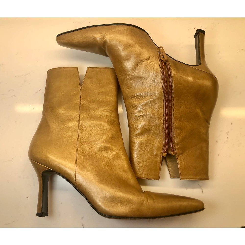 Stuart Weitzman Gold Leather High Ankle Heel Boots